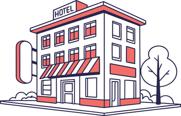 Fototapeta premium Modern Hotel Building Illustration. Luxury Hotel Exterior Design. Hotel Accommodation Illustration. Contemporary Hotel Building Design. Urban Hotel Architecture Illustration. Boutique Hotel Exterior