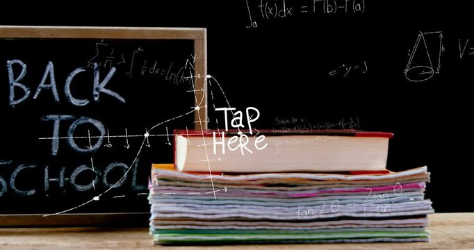 Animation of school items and tap here text over board