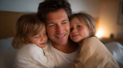 Fototapeta premium A tender family moment shows a smiling father lifting his child, as a loving dad gently carries his young daughter, symbolizing protection, bonding, and everyday parental care. cinematic color