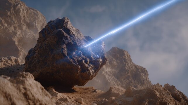 An asteroid is being destroyed with a laser beam, where the intense energy creates a stunning visual impact, representing the ongoing endeavors in space exploration and planetary defense efforts.