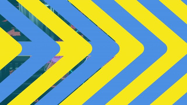 Animation of blue and yellow arrows over computer circuit board