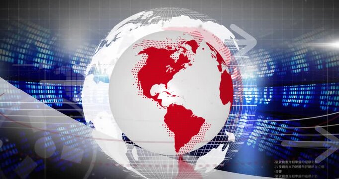 Animation of globe with arrows over financial data processing