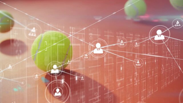 Animation of network of connections with people icons with data processing over tennis balls