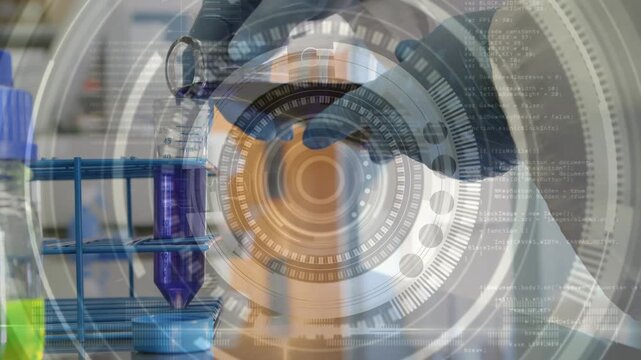 Animation of scope scanning and data processing over caucasian scientist in lab