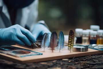 Obraz premium Scientist studying bird feathers on table outdoors, research and conservation theme.