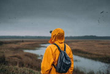 Obraz premium Ornithologist standing near wetlands observing birds, copy space, natural landscape.
