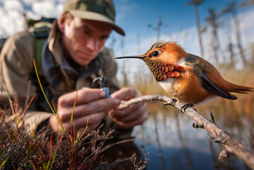 Obraz premium Ornithologist placing identification ring on bird’s leg, careful scientific work, shallow depth of field.