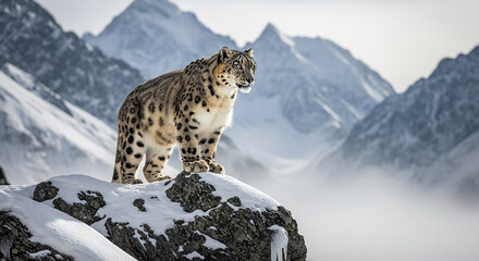 Obraz premium Majestic Snow Leopard Standing Proudly on a Snowy Mountain Peak, Surrounded by Misty Peaks