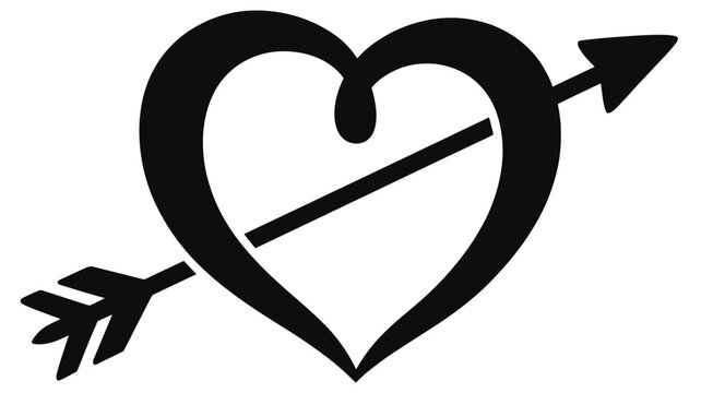 A black and white heart pierced by an arrow symbolizing love and romance silhouette