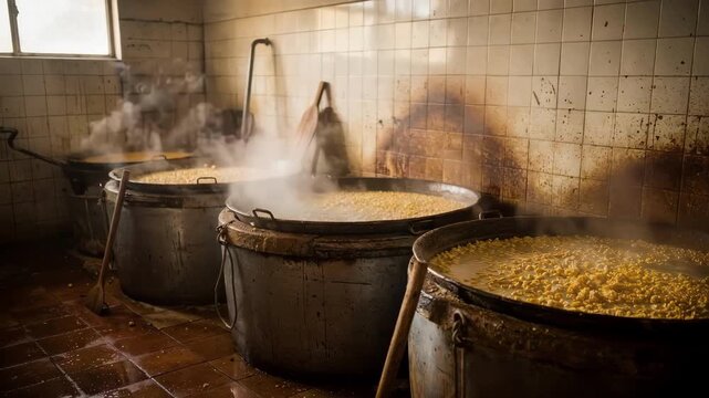 Medium shot inside a tiled room showcasing traditional nixtamalization vats with steaming corn emphasizing artisanal corn processing and cultural heritage.