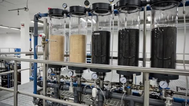 Medium shot of a mezzanine installation with multistage filtration units water flowing visibly through sand carbon and cartridge filters highlighting elevated industrial water