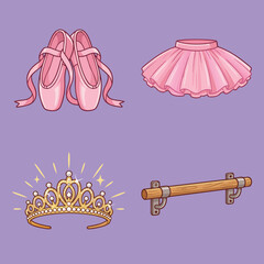 Ballet Accessories Collection with Pointe Shoes Tutu Tiara and Barre. © Doyez Vector