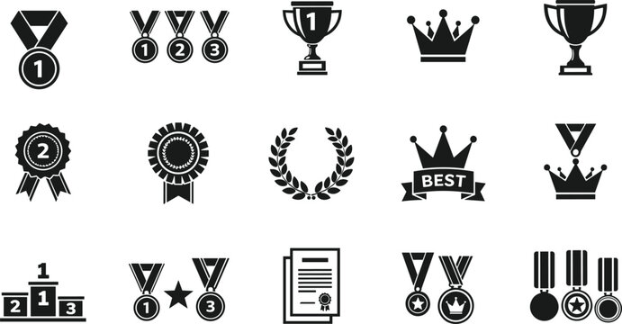 Award achievement silhouette icon collection, trophy medal crown ribbon podium laurel wreath certificate star recognition excellence competition success design elements, flat vector illustration