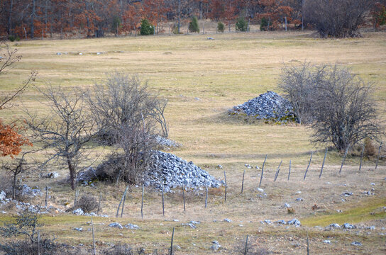 Ancient stone burial mound in open grassland landscape, archaeological remains in rural area representing early civilization, history and cultural heritage concepts.