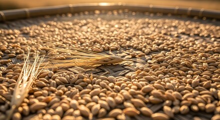 Obraz premium Golden Wheat Grains and Ears Drying Under Sunlight CloseUp View.