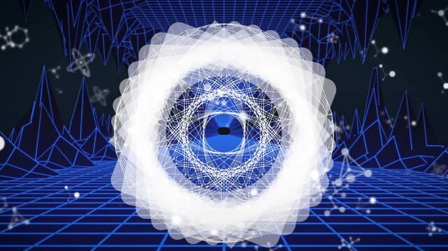 Animation of digital space with molecules and rotating shape