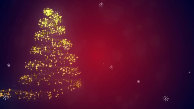 Animation of fairy lights fir tree decoration on red background