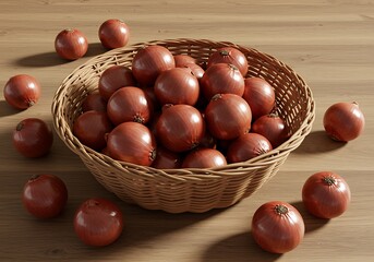 Obraz premium Basket of Red Onions on Wooden Table