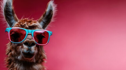 Obraz premium A playful llama poses with stylish sunglasses against a vibrant pink background, creating a fun and whimsical atmosphere that highlights its quirky personality.