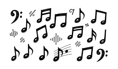 Hand Drawn Music Notes Doodle Set in Black Pen Sketch Style Vector Illustration