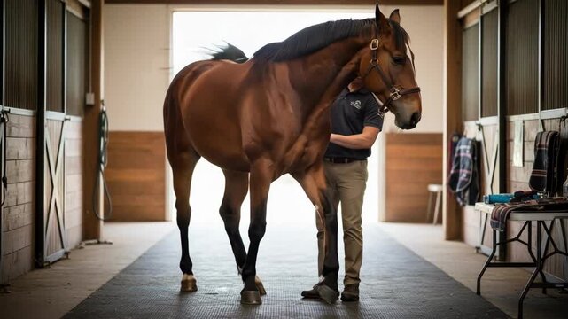 Trainer gently manipulating a horses limbs during a chiropractic session focused on restoring range of motion and alleviating tension.