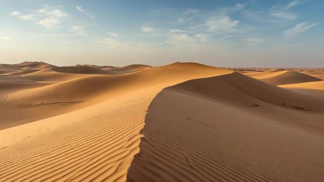 Golden sand dune ridge under blue sky with soft clouds warm light sweeping desert ridge at sunset