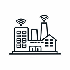 Obraz premium IoT通信で接続されたスマート工場とビル群のラインアイコン 白背景