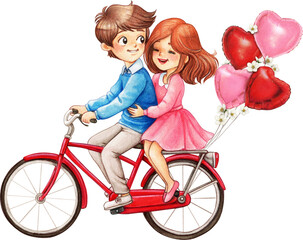 Watercolor hand drawn couple on a bike valentines day
