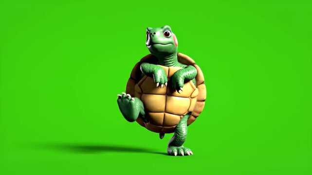 Animated turtle character dancing joyfully on green screen background perfect for childrens content and creative projects