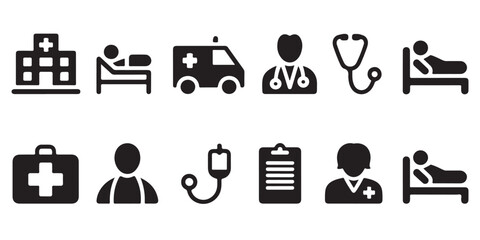 Set of healthcare and medical icons hospital ambulance doctor patient bed and briefcase