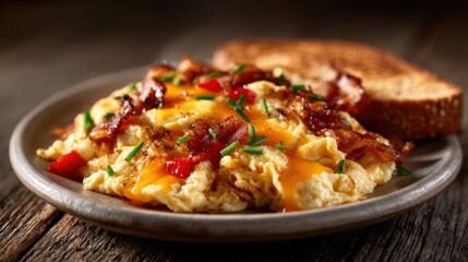 A warm and inviting plate filled with fluffy scrambled eggs, crispy bacon, and toasted bread, presenting a wholesome breakfast scene that highlights comfort food essentials for a satisfying start.