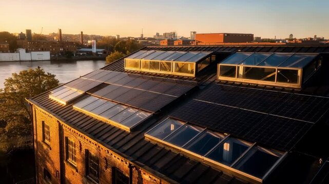 Late afternoon medium view of mill rooftop retrofit fitted with solar panels and skylights capturing warm golden hour tones and ecofriendly revitalization.