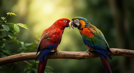 Obraz premium Two colorful parrots perched on branch facing each other birds vibrant