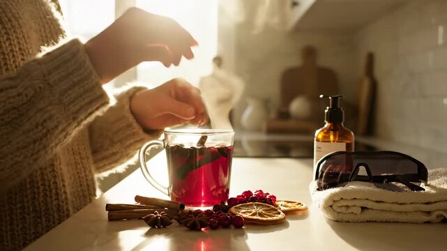 Warm Cozy Winter Morning Scene A Person Sips Hot Cranberry Tea with Cinnamon and Star Anise Garnishes on a Sunlit Kitchen Countertop Next to Sunglasses and a Stack of White Towels Creating a Relaxing