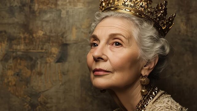 Elderly woman with crown and jewelry.