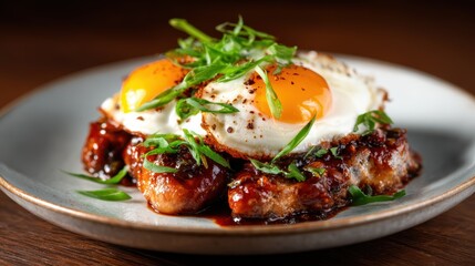 A vibrant breakfast plate featuring perfectly fried eggs, fresh green onions, and a rich sauce, highlighting a delicious culinary experience ideal for food lovers.