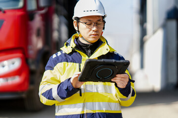 A male worker wearing a safety helmet holds a tablet while inspecting a vehicle on site © zhu difeng
