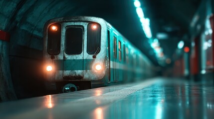 A subway train waits patiently in a dimly lit tunnel, embodying the essence of urban travel and highlighting the contrast between motion and stillness in a bustling city setting.
