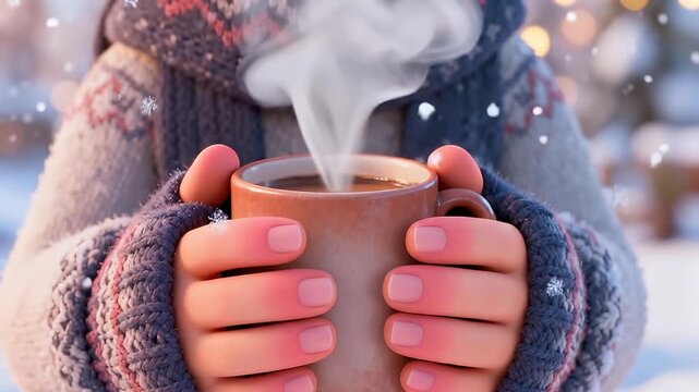 Woman holding a warm cup of coffee or tea on a cold winter day.