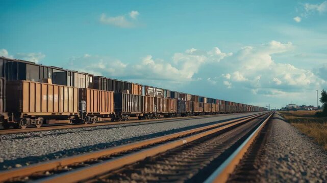 Freight train rural track blue sky with clouds, parallel rail tracks, cargo containers