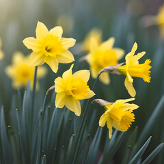 Bright yellow daffodils blooming in spring garden with soft natural light shallow depth of field and fresh seasonal floral background
