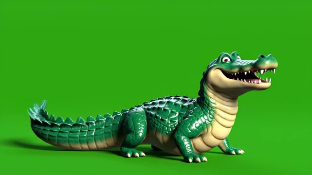 Cartoon alligator smiling on green screen background perfect for animation and educational content in childrens programming