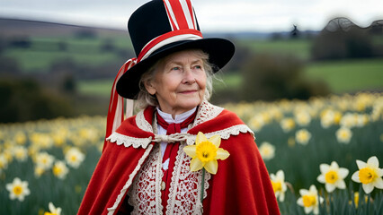 Elderly woman in traditional attire standing in daffodil field symbolizing cultural heritage spring celebration and timeless rural lifestyle portrait

