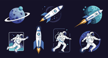 Space exploration icons including astronauts rockets and planets set against a dark starry background in a colorful cartoon style. © Sumi
