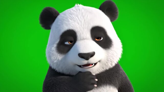Cartoon panda animated character thinking with hand on chin green screen background for compositing and animation projects