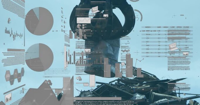 Animation of infographic interface over close-up of scrap shearing machine pilling up metal scrap