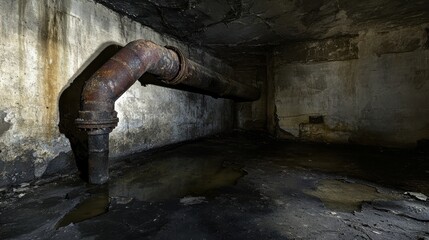 Corroded metal pipe extending through a dark neglected underground industrial structure with cracked walls and a damp floor