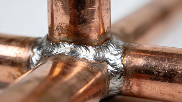 brazed. Close-up detail of brazed copper pipe joint with smooth gleaming solder fillet. event key visuals, club posters, designed for sports event promotions and stadium branding, supports training.