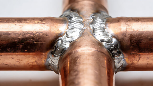 brazed. Close-up detail of brazed copper pipe joint with smooth gleaming solder fillet. event key visuals, club posters, designed for sports event promotions and stadium branding, supports training.