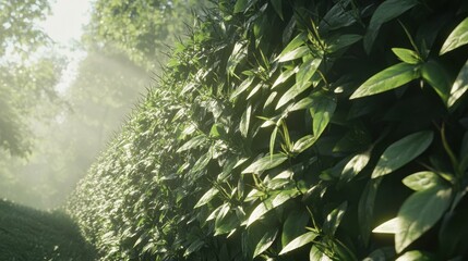 Dense green foliage of lush plants in bright sunlight creating a natural backdrop